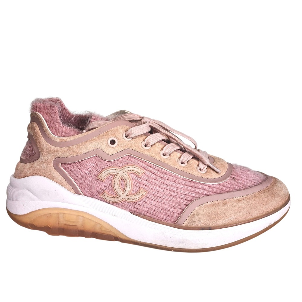 Chanel Pink Cashmere Knit Calfskin CC Logo Low Top Sneakers Size 37